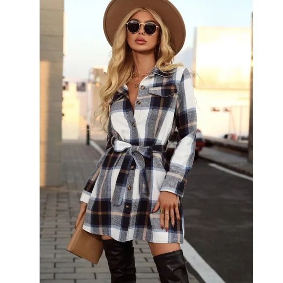 Plaid Long Sleeve Button Front Tie Belted Short Shirt Style Dress - Picture 1 of 11